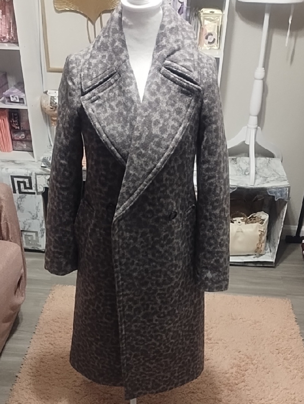 Club Monaco Gray Leopard-Print Wool Trench Coat